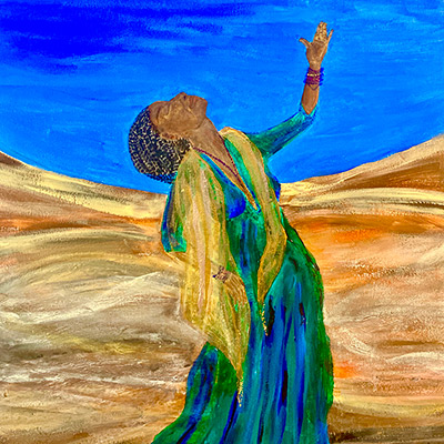 painting of a woman in a blue dress looking up to the sky with her eyes closed and hand outstretched.
